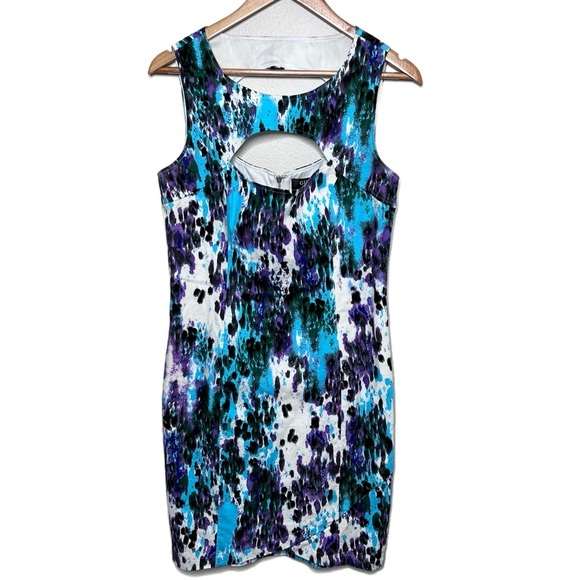 GUESS Women's Shift Peekaboo Neckline Turquoise Multicolor Paint Splatter Dress - Picture 1 of 16